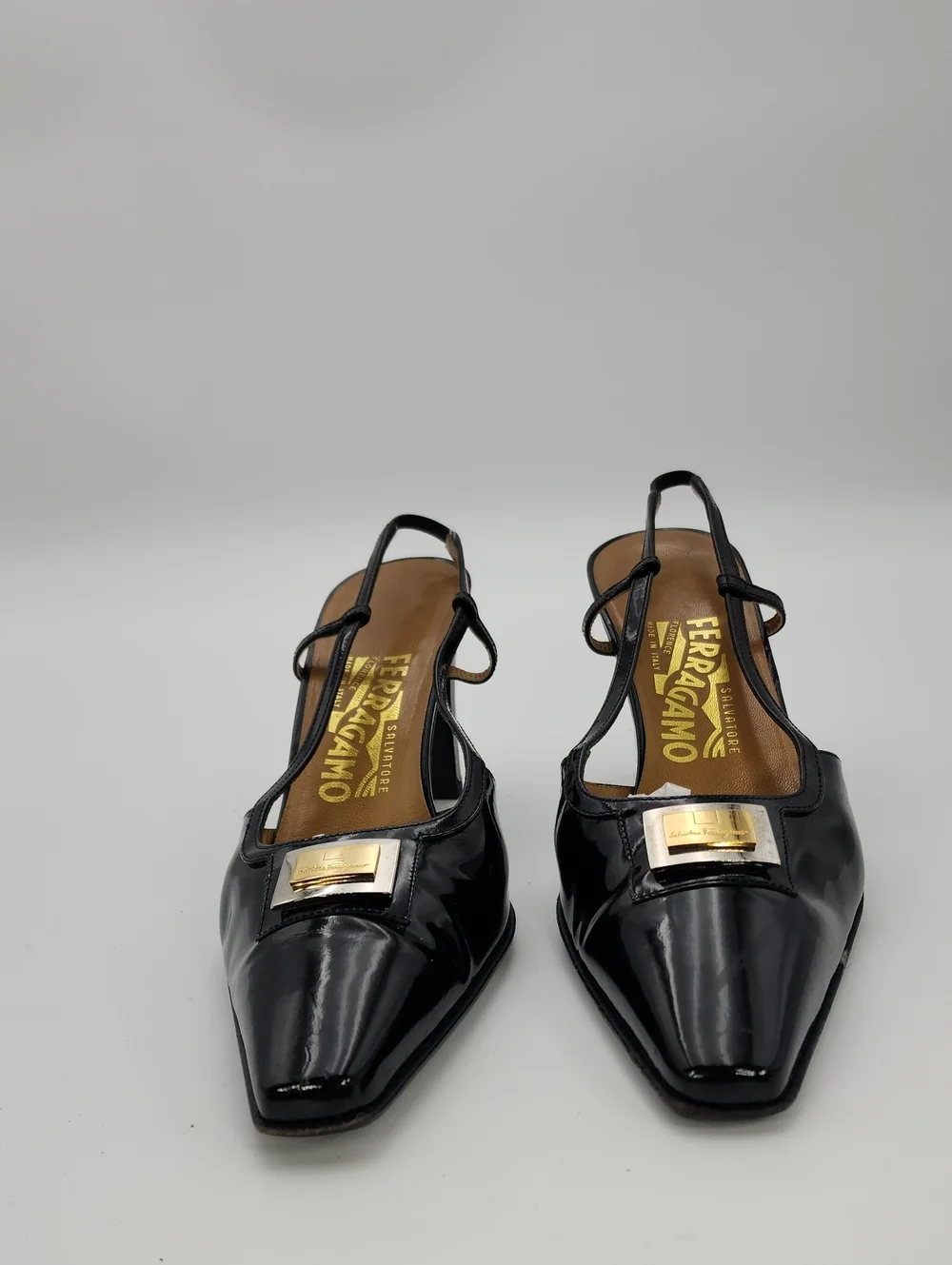 Vintage Salvatore Ferragamo Black Patent Leather Slingback Pumps Square Toe 9 C